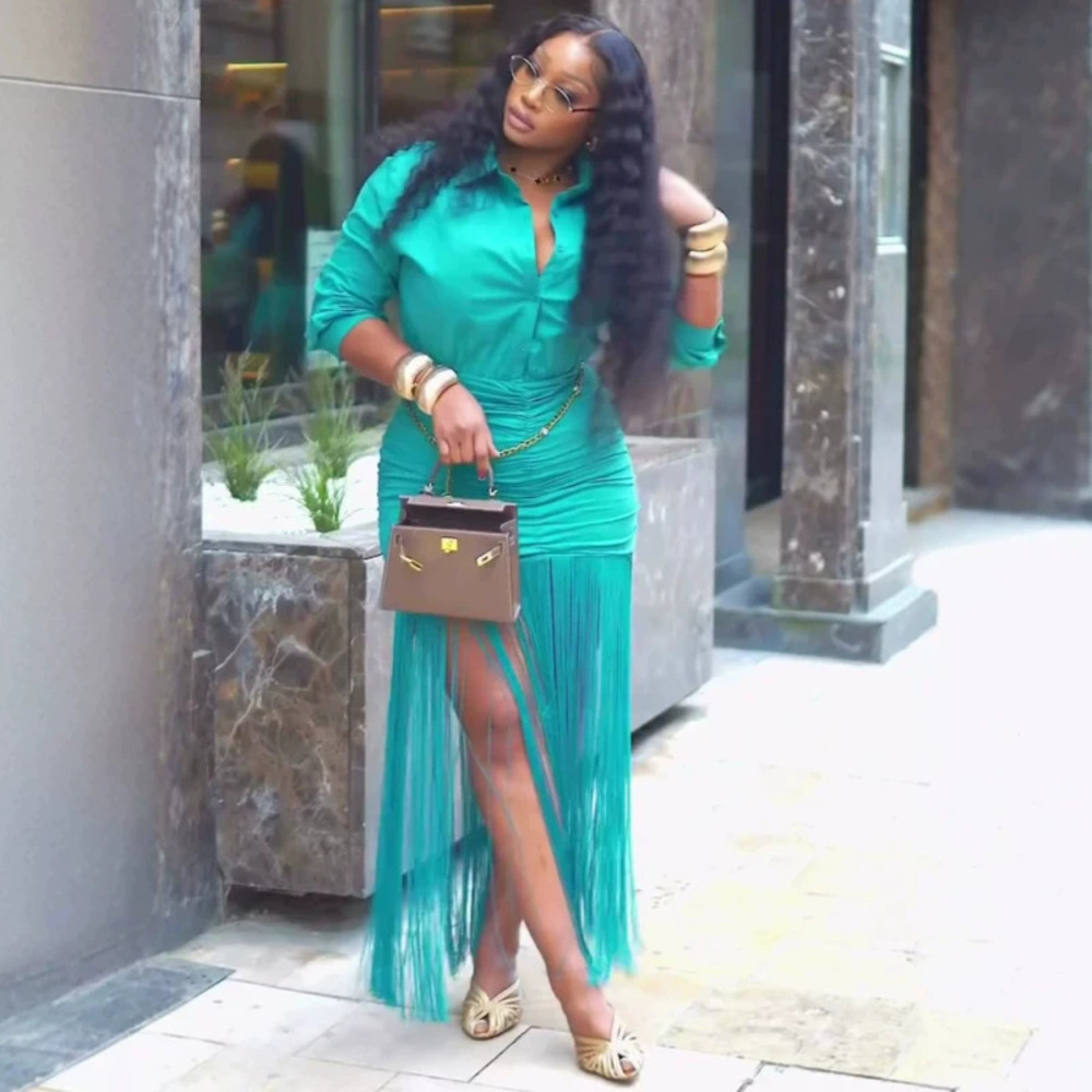 African Solid Fringe Long Sleeve Lapel Slim Maxi Dress Women